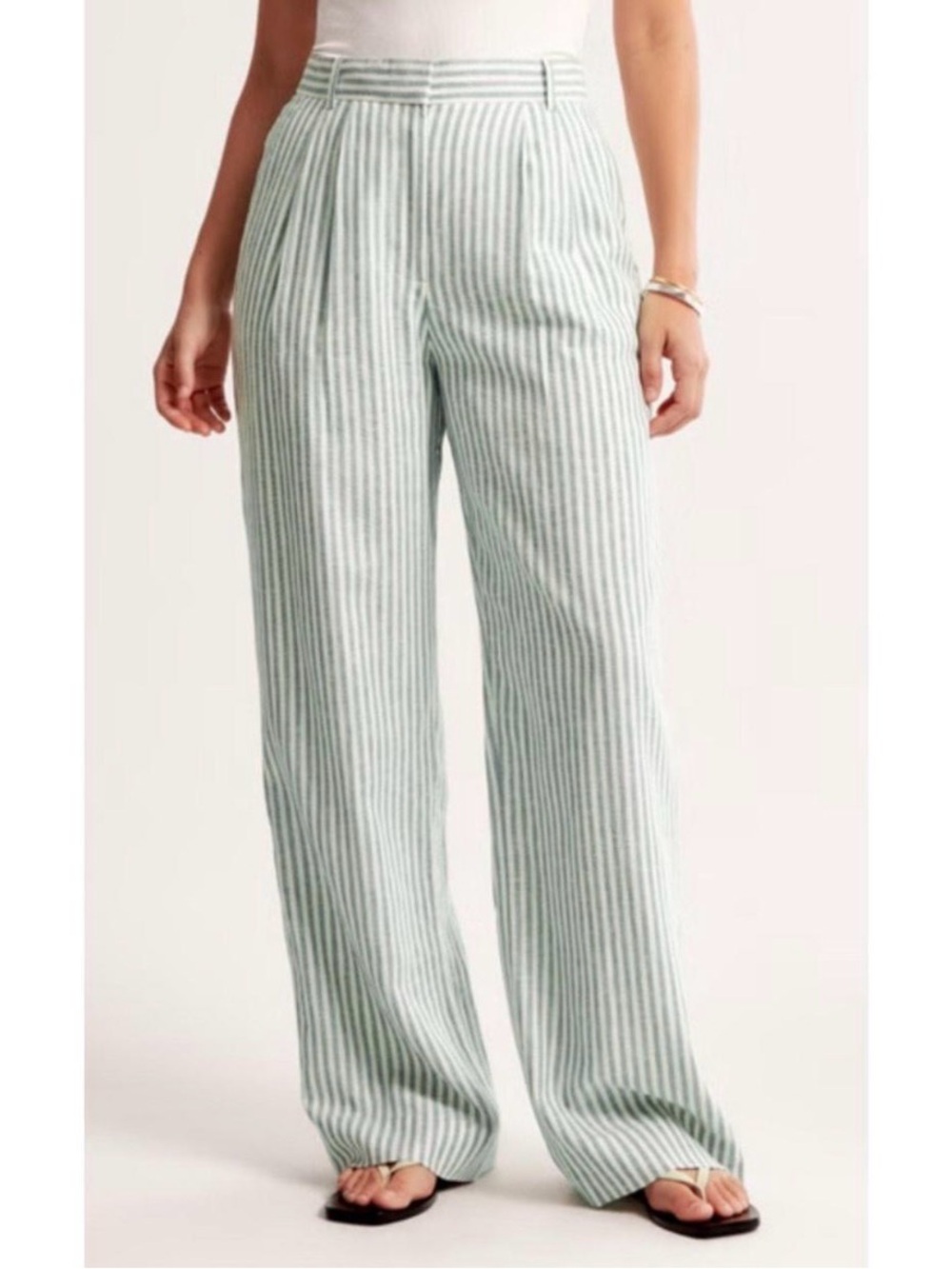 Abercrombie & Fitch Green and White Striped Wide-Leg Pants
